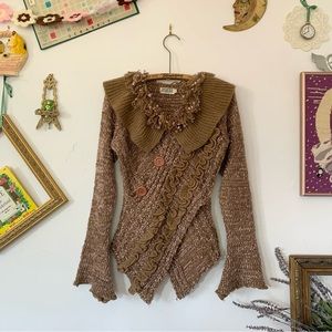 Y2K Funky Brown Knit Frilly Collared Sweater Asymmetrical Wrap Bell Sleeves